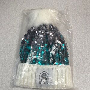 Sequin Pom-Pom Beanie - Teal and White